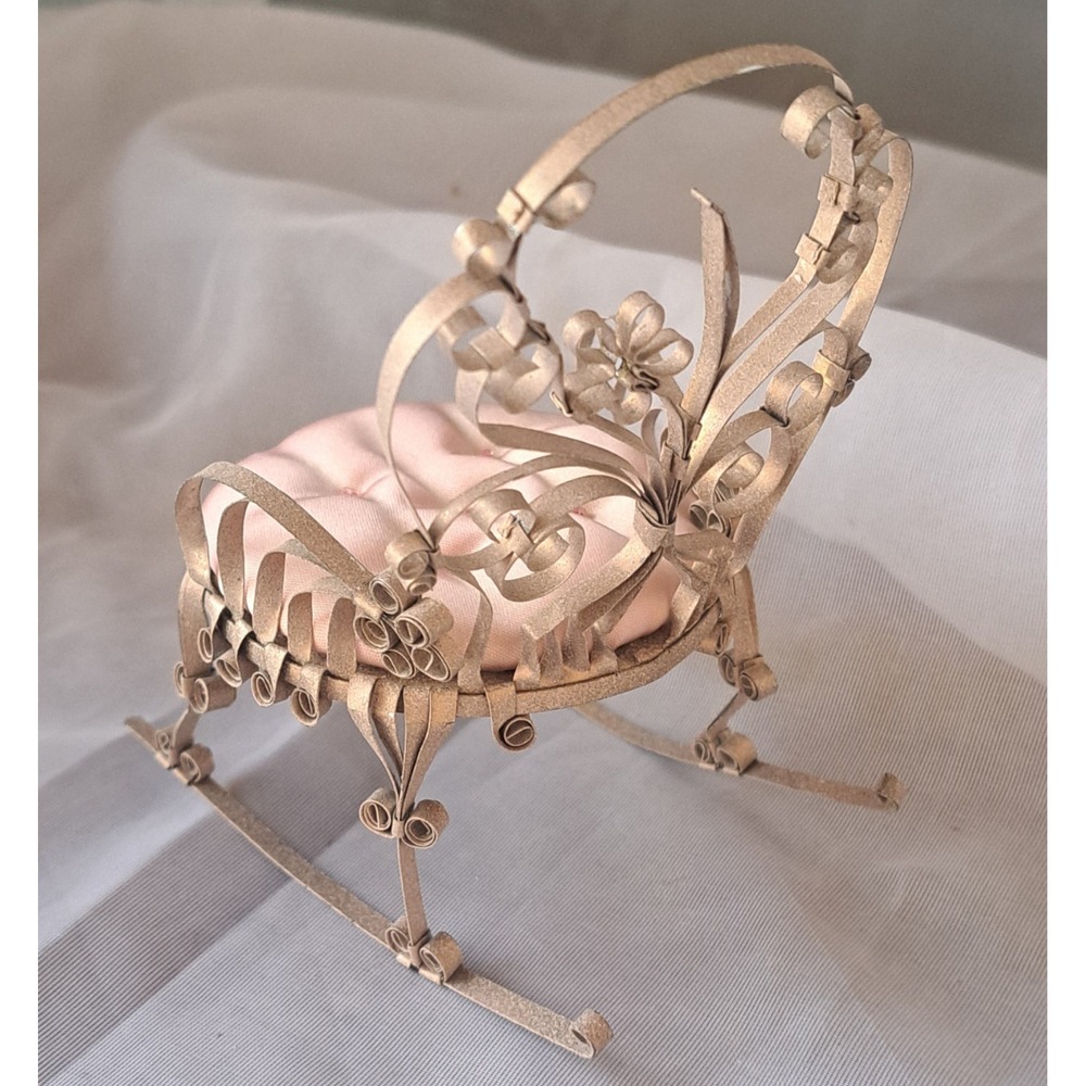 Folk Art Chair Soda Pop Tin Can Pin Cushion Scroll Quill Work Doll Chair - Picture 3 of 8